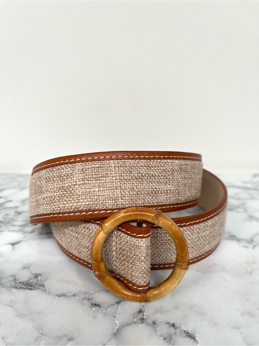 J. McLaughlin Beige and Brown Woven Belt with Bamboo Ring Buckle